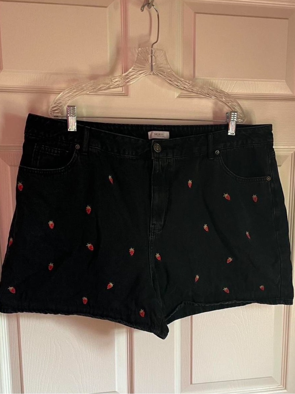 Forever 21 Black Denim Shorts with Red Strawberry Embroidery